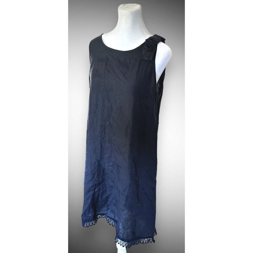 Bellambia Dress Linen Blue Eyelet Trim Italy Beach Boho Bow Lagenlook Coverup M - Picture 1 of 7